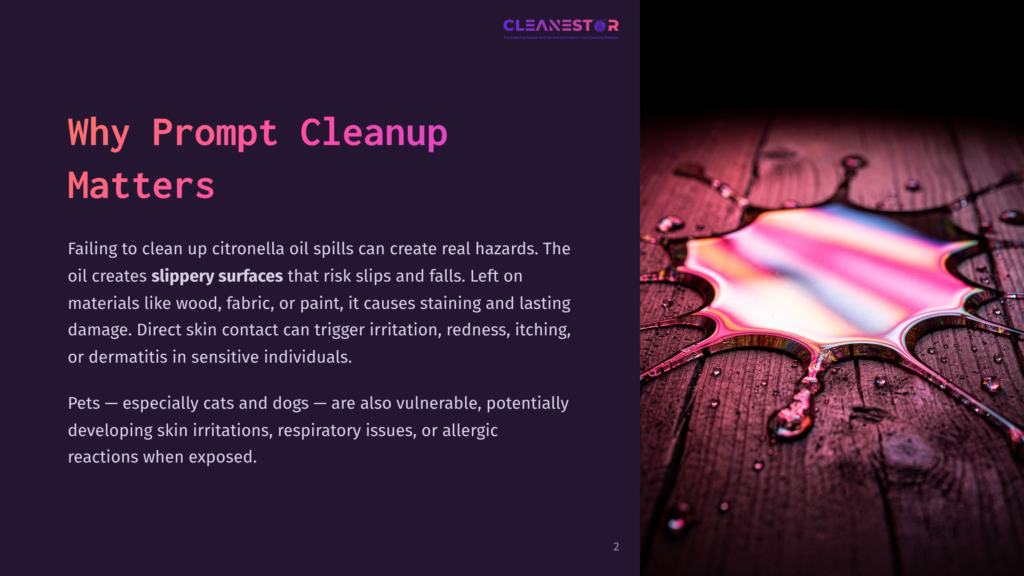 2 Why Prompt Cleanup Matters A Vibrant, Colorful Splash Of Citronella Oil Glistens On A Dark, Textured Wooden Surface, With Water Droplets Scattered Around.