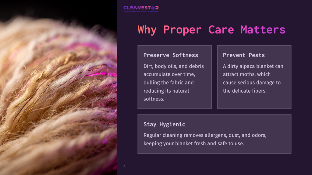 Close-Up Of An Alpaca Blanket'S Plush Fibers In Warm Tones, Highlighting Softness And Care Tips In A Clear Layout With Purple Accents.