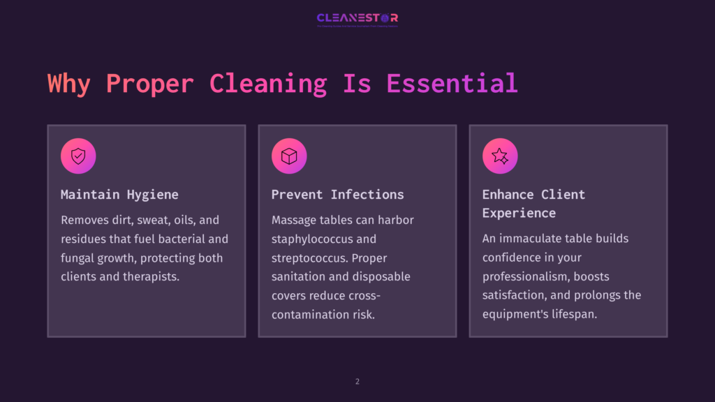 Three Panels On A Dark Background Explain The Importance Of Cleaning Massage Tables, Featuring Icons And Bullet Points On Hygiene, Infection Prevention, And Client Experience.