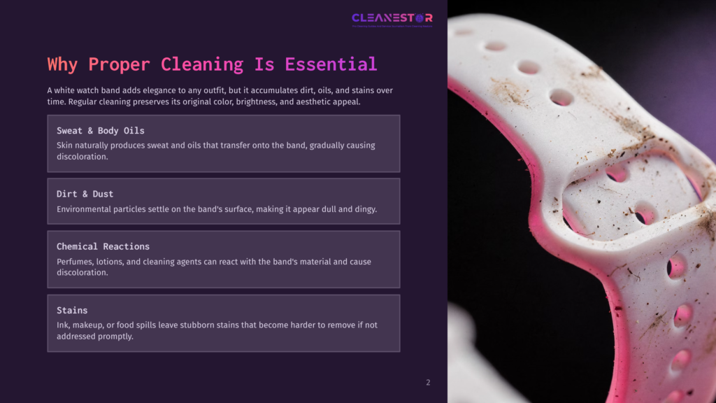 2 Why Proper Cleaning Is Essential 3 A Close-Up, Dirty White Watch Band With Pink Accents And Accumulated Dirt And Oils, Illustrating The Need For Proper Cleaning.