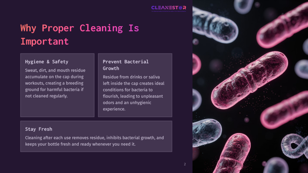A Graphic Showing Colorful Bacteria Under A Microscope, Alongside Text Boxes Detailing The Importance Of Cleaning A Bottle Cap.
