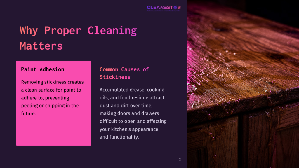 A Wooden Kitchen Cabinet With A Glossy Surface, Showing Streaks And Droplets Of Liquid. Text Emphasizes The Importance Of Cleaning Before Painting.