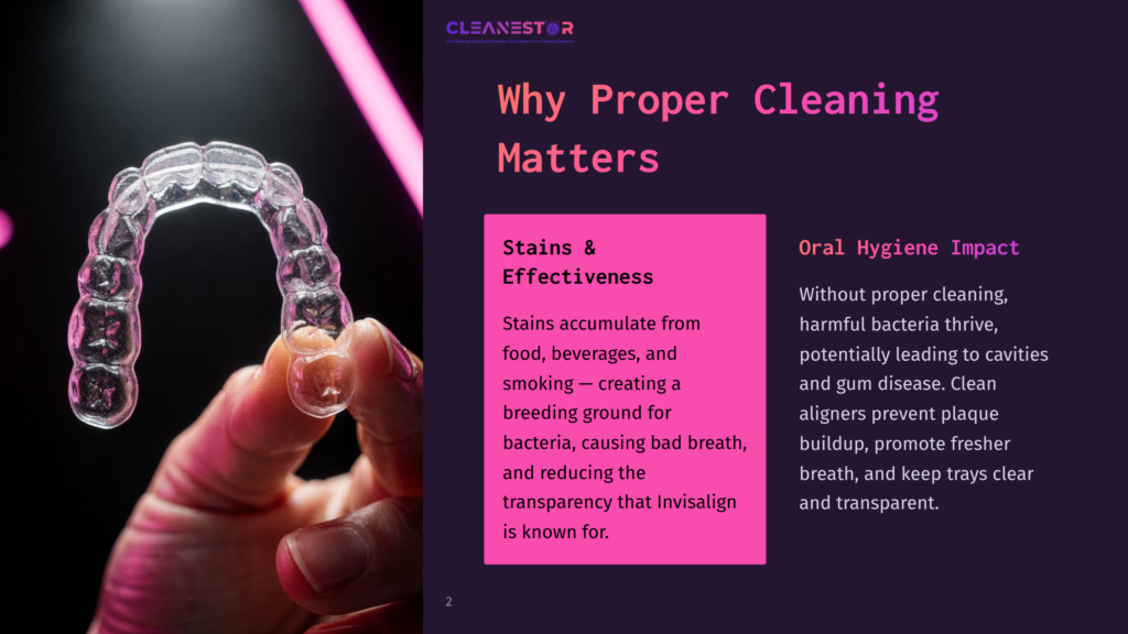 Clear Invisalign Aligner Displayed Against A Dark Background, Highlighting Its Transparency. Text Discusses Cleaning Importance And Oral Hygiene Impact.