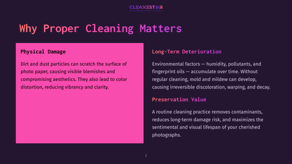 Presentation Slide Titled &Quot;Why Proper Cleaning Matters&Quot; With Sections On &Quot;Physical Damage&Quot; And &Quot;Long-Term Deterioration&Quot; And &Quot;Preservation Value,&Quot; Detailing The Negative Impacts Of Dirt And Environmental Factors On Items.