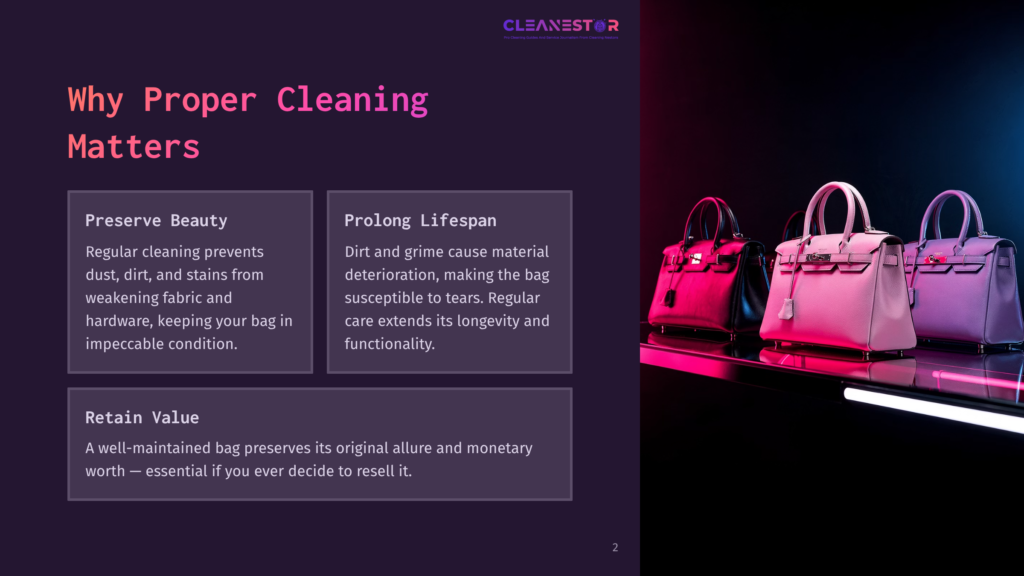 Three Luxurious Designer Handbags, A Black, A Pink, And A Light Beige, Displayed On A Sleek, Illuminated Surface. The Text &Quot;Cleanestar&Quot; Is Visible At The Top.