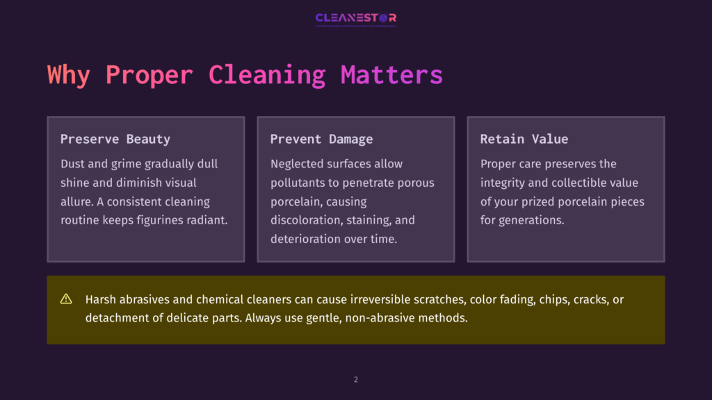 2 Why Proper Cleaning Matters 16 Infographic Titled &Quot;Why Proper Cleaning Matters&Quot; With Three Columns: &Quot;Preserve Beauty,&Quot; &Quot;Prevent Damage,&Quot; And &Quot;Retain Value,&Quot; Detailing Benefits Of Consistent Cleaning For Porcelain Figurines.