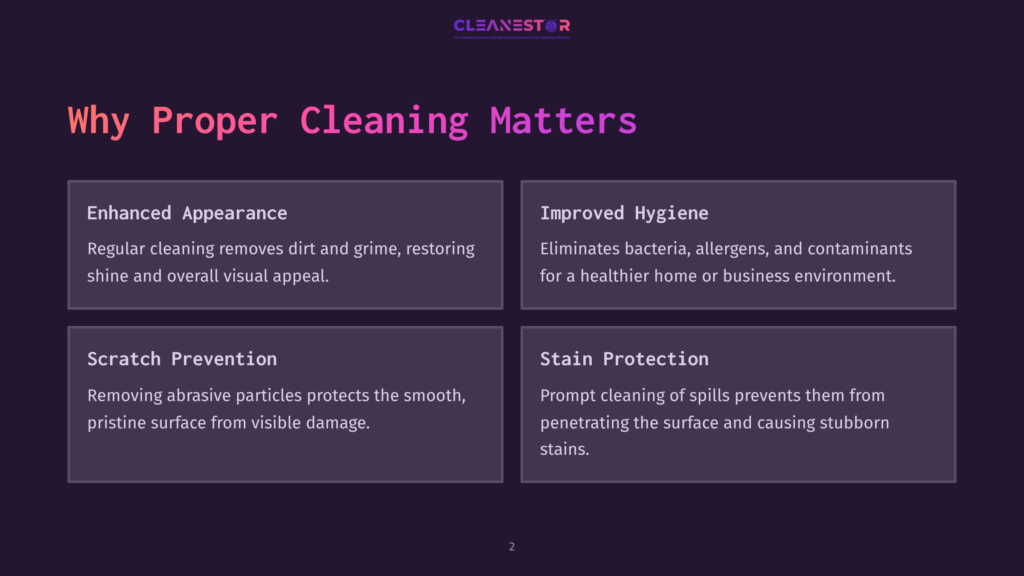 Four Purple Boxes With White Text Highlight The Benefits Of Proper Cleaning: Enhanced Appearance, Improved Hygiene, Scratch Prevention, And Stain Protection.