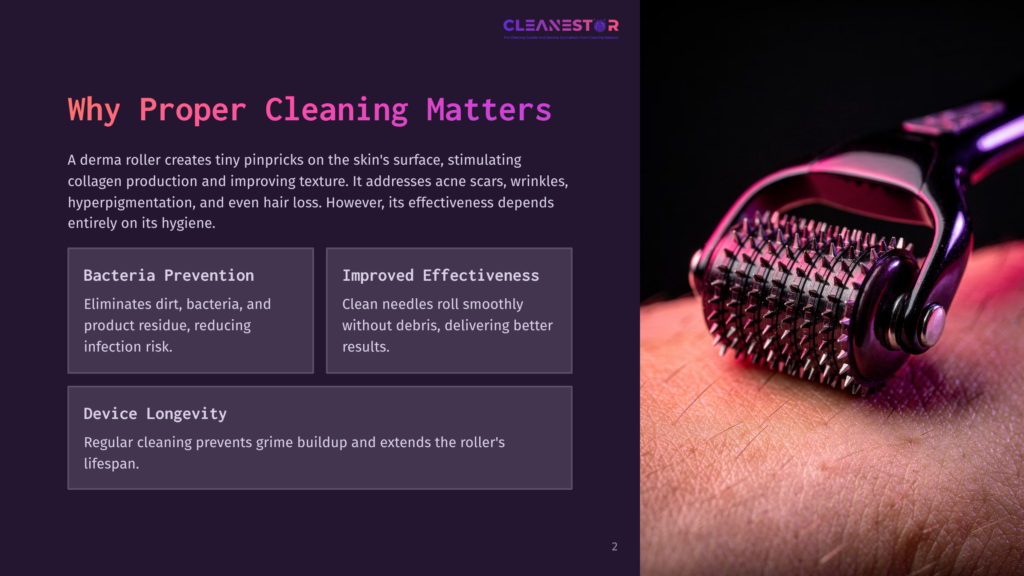 A Close-Up Of A Derma Roller With Metallic Needles Resting On A Hand, Against A Dark Purple Background With Text Highlighting Cleaning Benefits.