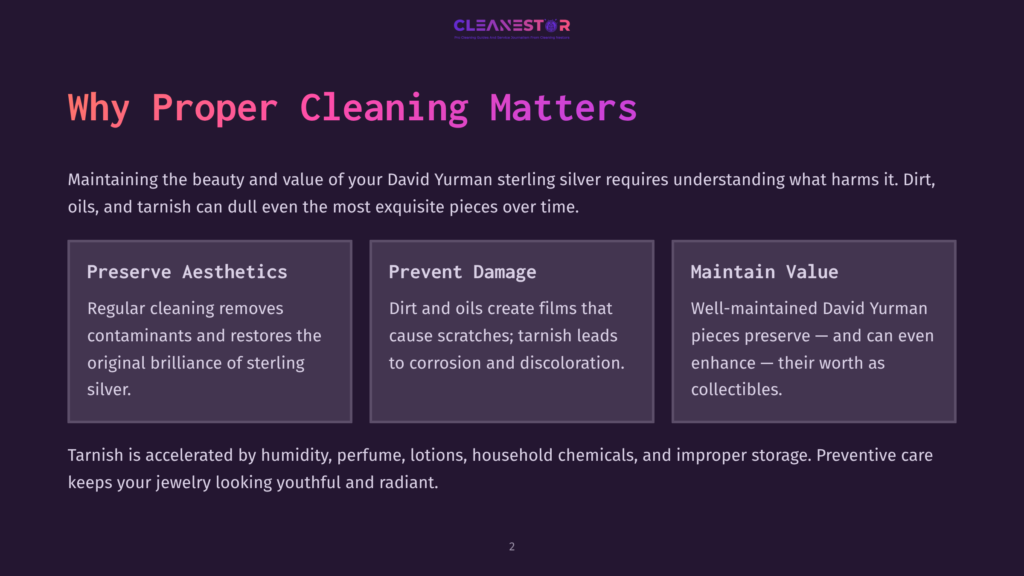 Purple And White Text On A Black Background Highlights The Importance Of Proper Cleaning For Sterling Silver, Focusing On Aesthetics, Damage Prevention, And Value Maintenance.