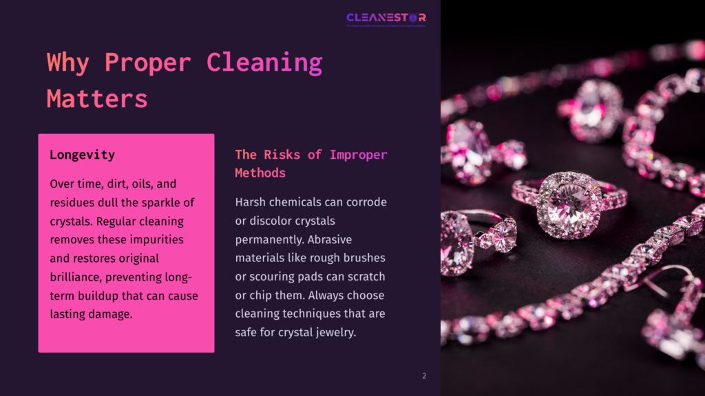 Close-Up Of Sparkling Crystal Jewelry In Shades Of Pink, Alongside Text Highlighting The Importance Of Proper Cleaning Methods.