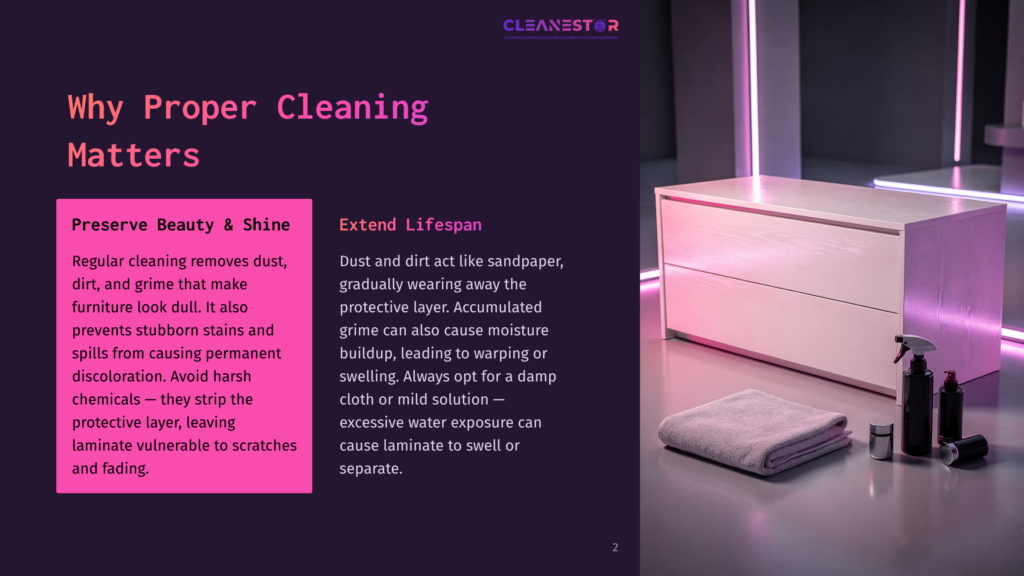 A Modern, Light Wood Dresser With Two Drawers Stands In A Clean, Well-Lit Room. Beside It, A Folded Grey Towel And Two Black Spray Bottles Suggest Cleaning Supplies, Likely For Furniture Care.