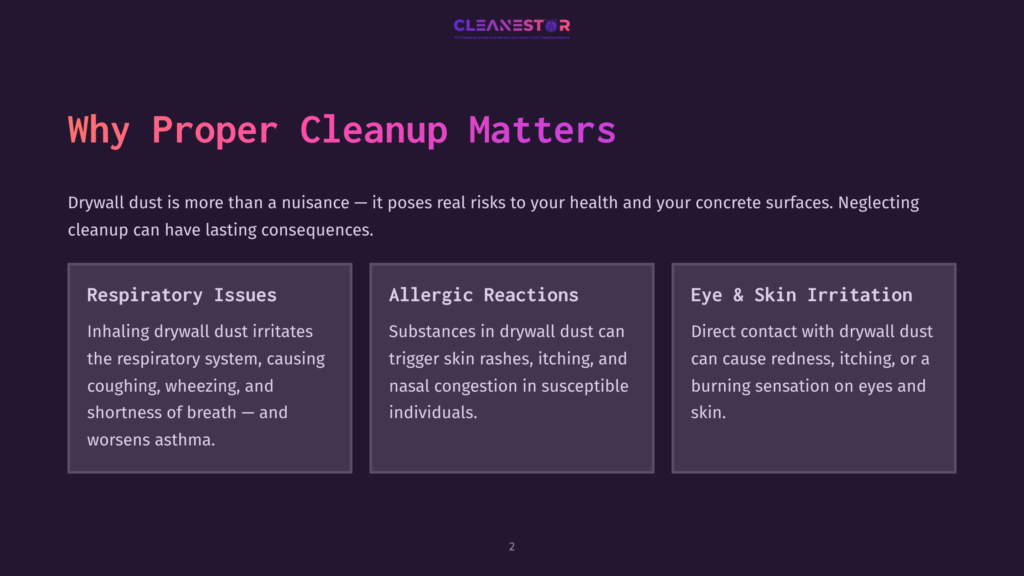 Infographic Titled &Quot;Why Proper Cleanup Matters&Quot; Detailing Health Risks Of Drywall Dust: Respiratory Issues, Allergic Reactions, And Eye/Skin Irritation.