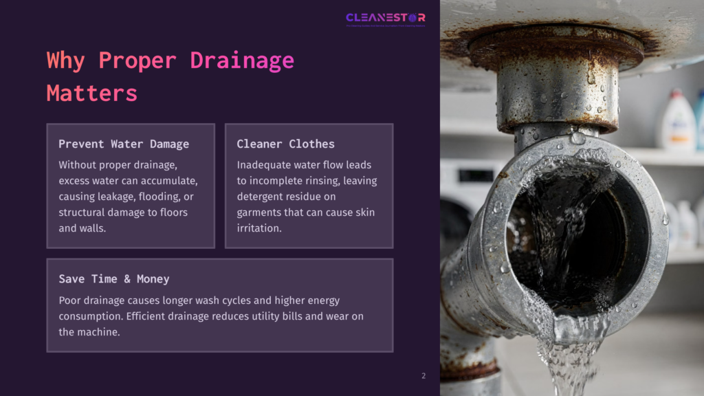 Close-Up Of Dirty Water Flowing Rapidly From A Clogged Washing Machine Drain Pipe, Illustrating The Problem Of Poor Drainage And Its Consequences.