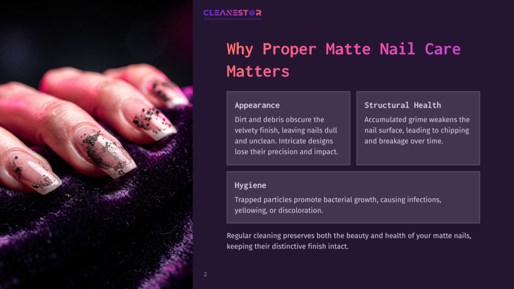 2 Why Proper Matte Nail Care Matters Close-Up Of A Woman'S Hands With Intricate Matte Nail Art Featuring Glitter And Dark Speckles Against A Dark Purple Velvet Background. Text Overlay Reads &Quot;Cleanestor&Quot; And &Quot;Why Proper Matte Nail Care Matters&Quot;.