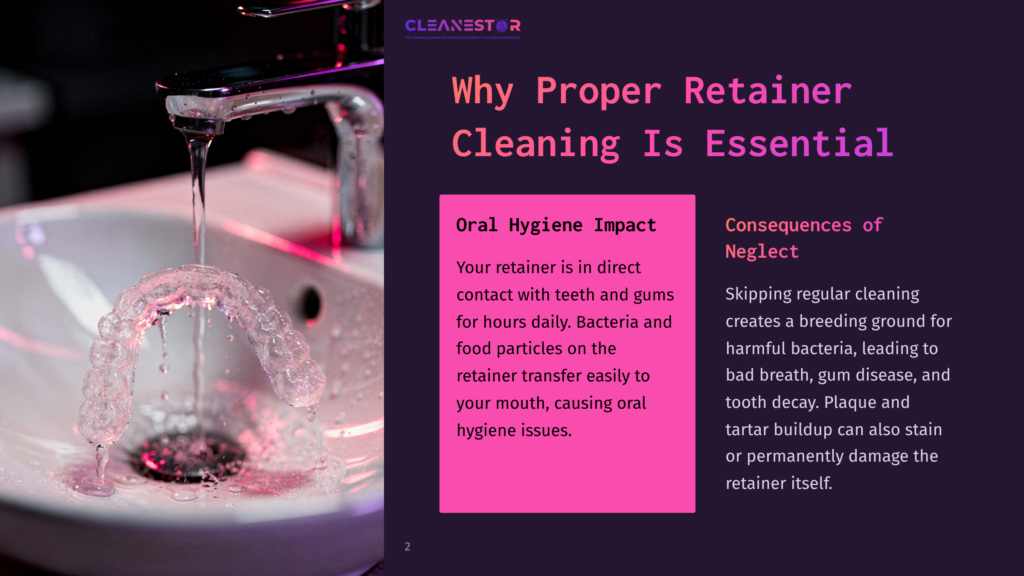 A Clear Dental Retainer Is Rinsed Under Running Water In A White Sink, Illustrating The Importance Of Proper Retainer Cleaning For Oral Hygiene.