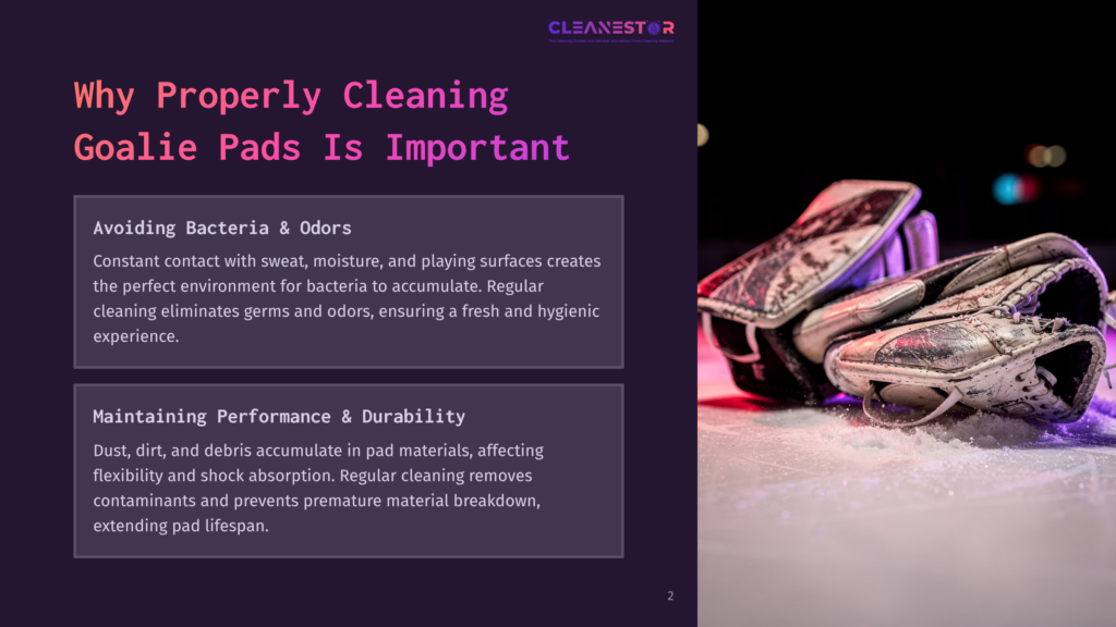 Goalie Pads Resting On A Cleaning Cloth, Alongside Text On Bacteria, Odors, And Maintenance, With A Dark Purple Background.