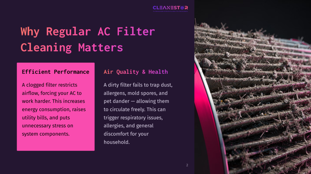 Close-Up Of A Dirty Ac Filter With Visible Dust And Debris, Set Against A Dark Purple Background With White And Pink Text Highlighting Health Impacts.
