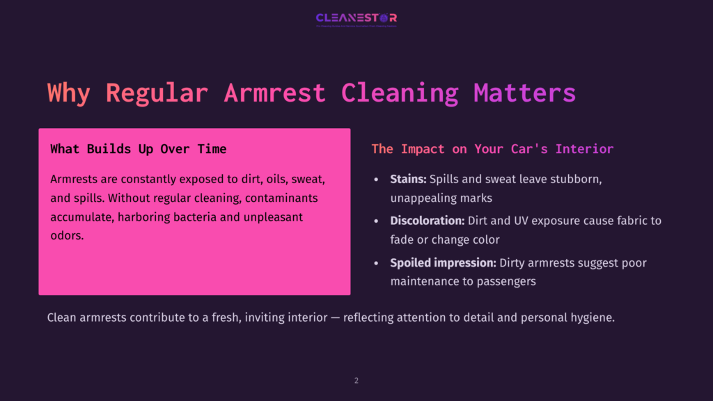 Presentation Slide Titled &Quot;Why Regular Armrest Cleaning Matters&Quot; With Text About Armrest Hygiene And The Impact On Car Interiors, Featuring A Pink Section And Dark Background.