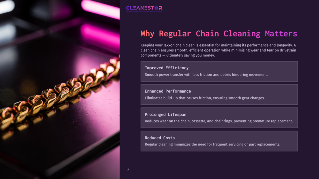 2 Why Regular Chain Cleaning Matters Close-Up Of A Golden Bicycle Chain With A Cleanestor Logo And Text About Regular Chain Cleaning For Improved Performance And Longevity.