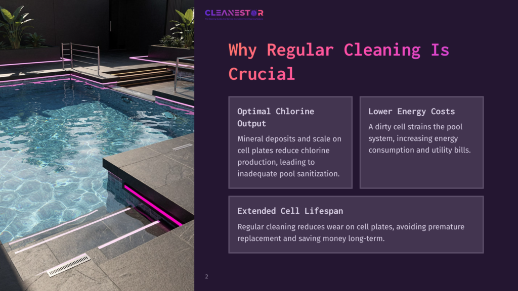 A Sparkling Blue Pool With Modern Grey Tiles And Pink Led Lighting, Surrounded By A Sleek Deck Displaying Key Cleaning Tips.