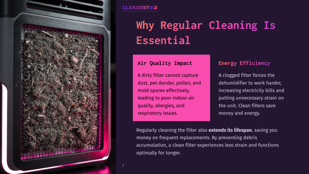 2 Why Regular Cleaning Is Essential 4 Close-Up Of A Dirty Aprilaire Dehumidifier Filter, Showing Heavy Dust And Debris Accumulation Against A Black And Pink Background.