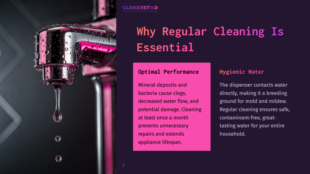Close-Up Of A Chrome Water Dispenser Nozzle With Water Droplets Falling, Illustrating The Importance Of Regular Cleaning For Hygienic Water.