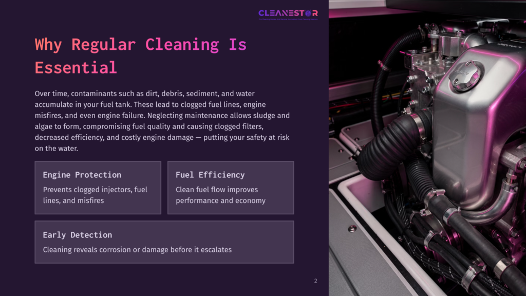 Close-Up Of A Complex Engine With Pipes, Hoses, And Metal Components, Featuring The Cleanestor Logo And Text About &Quot;Why Regular Cleaning Is Essential&Quot; For Engine Protection, Fuel Efficiency, And Early Detection Of Issues.