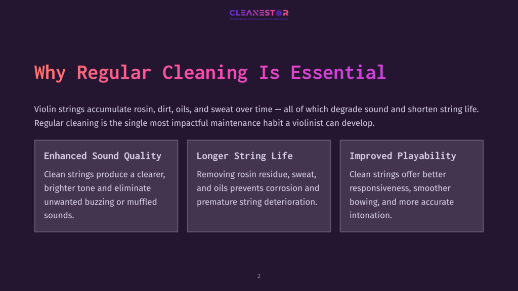 A Dark Purple Background With The Cleanestor Logo At The Top And The Text &Quot;Why Regular Cleaning Is Essential&Quot; In Large White And Pink Letters. Below, Three Boxes Describe The Benefits Of Cleaning Violin Strings: &Quot;Enhanced Sound Quality,&Quot; &Quot;Longer String Life,&Quot; And &Quot;Improved Playability.