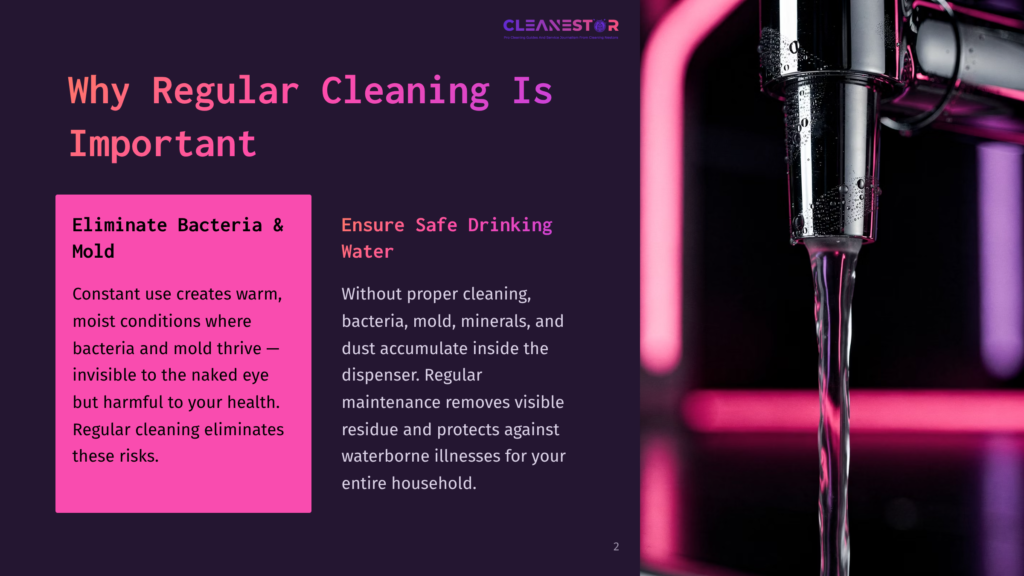 2 Why Regular Cleaning Is Important Close-Up Of A Water Dispenser Spout, With A Pink-Lit Background Highlighting Its Sleek Design, Emphasizing Cleanliness And Safe Drinking Water.