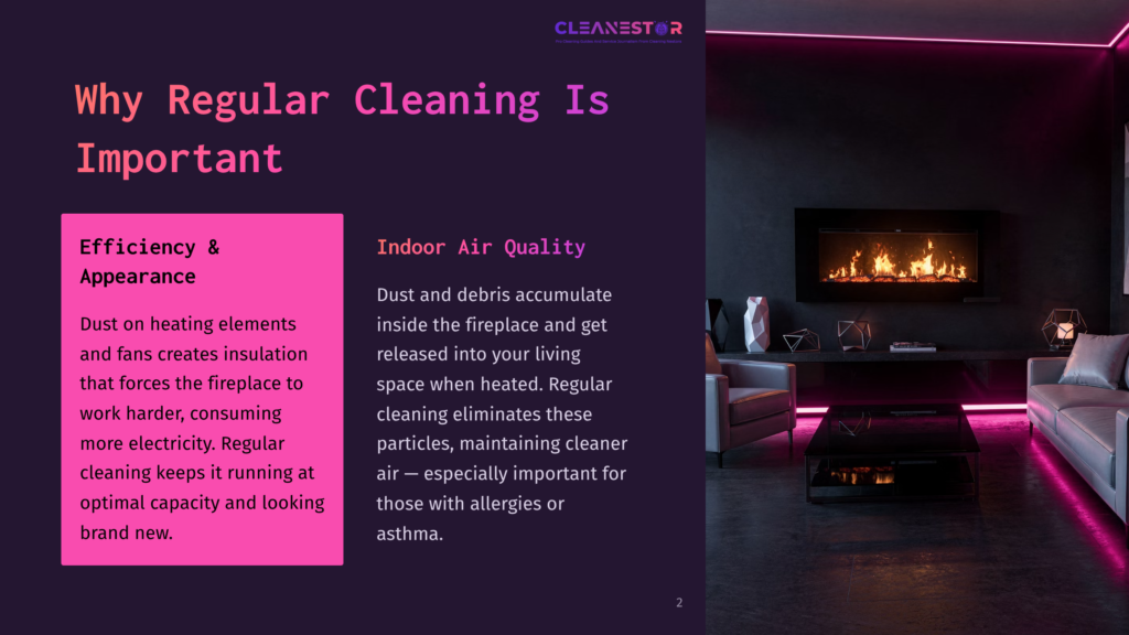 A Modern Electric Fireplace Emits Warm Light In A Sleek, Dark Room, With A Vibrant Purple And Pink Text Box Highlighting Cleaning Tips.