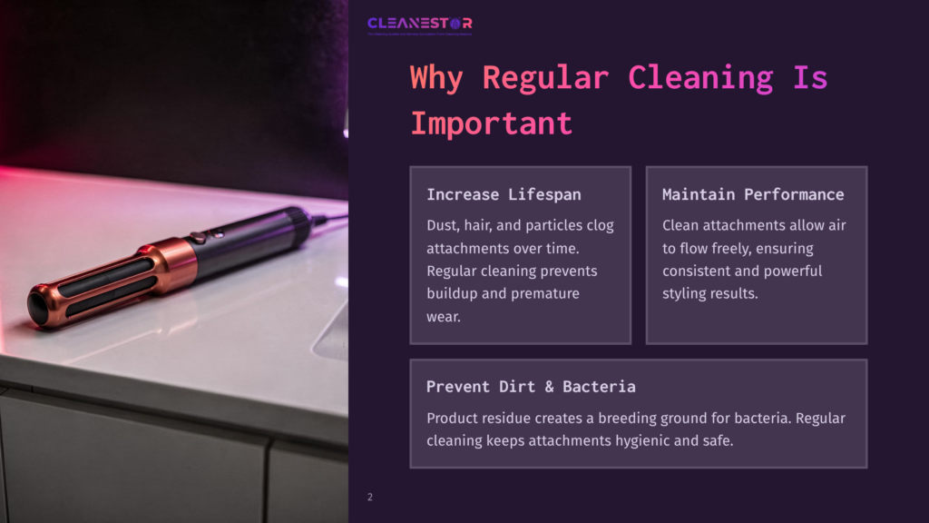 2 Why Regular Cleaning Is Important 5 Close-Up Of A Sleek, Modern Cleaning Tool With A Copper-Colored Attachment Head, Resting On A White Surface. The Tool Has A Black Body And A Copper-Colored Mesh Head With Ventilation Slots.