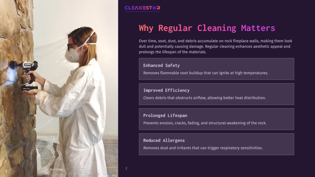 A Person In A Protective Suit And Mask Cleaning A Rock Fireplace Wall, With Text Boxes Outlining Cleaning Benefits Alongside.