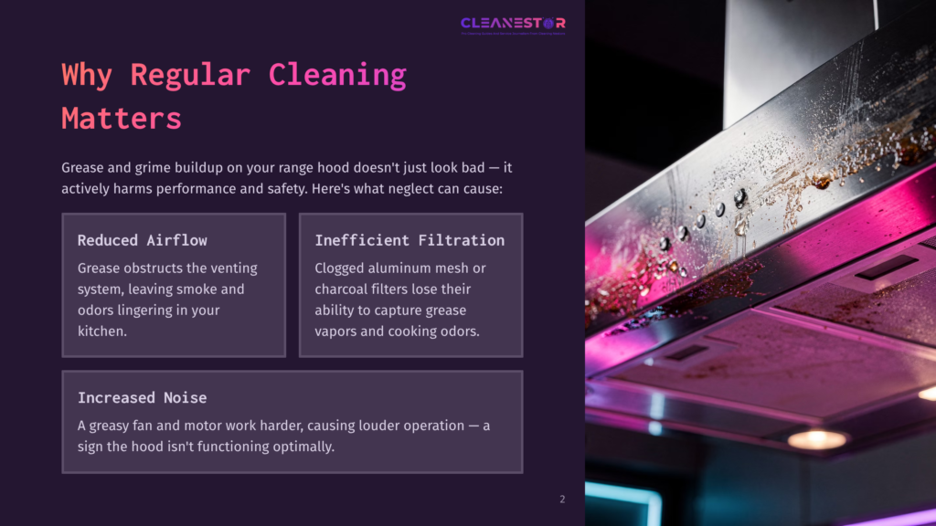 A Stainless Steel Range Hood With Water Droplets, Pink And Blue Lighting, Illustrating Grease Buildup And Its Impact On Performance.