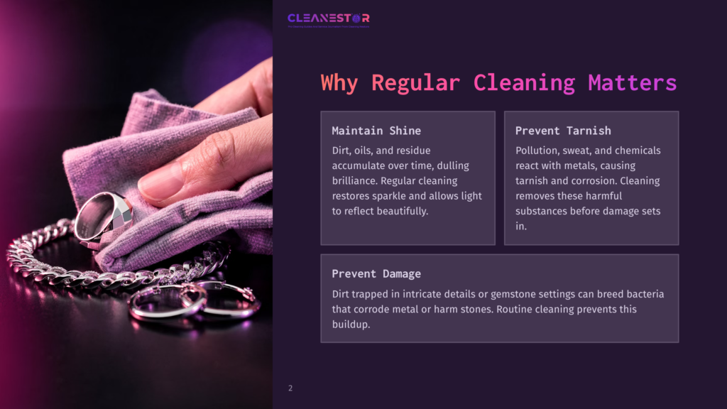 A Silver Bracelet And Rings On A Purple Cloth, With Text Highlighting The Importance Of Regular Cleaning To Prevent Tarnish And Damage.