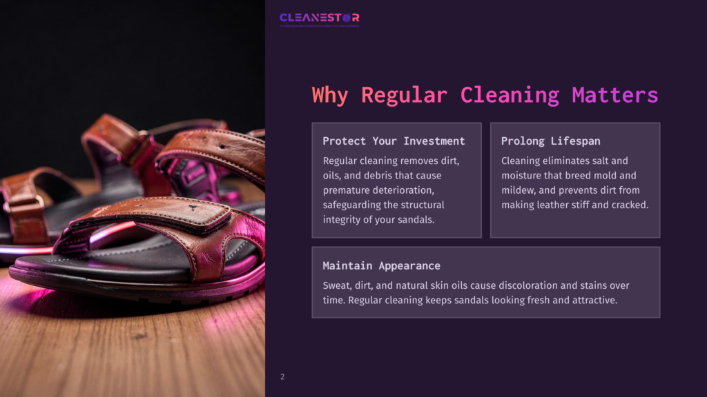 Brown Leather Sandals With Pink Accents Resting On A Wooden Surface, Accompanied By Text Highlighting Cleaning Benefits And Tips.