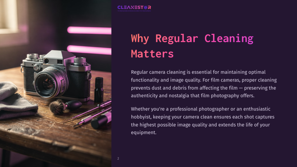 A Vintage Film Camera On A Wooden Surface With Cleaning Tools, Surrounded By Vibrant Pink And Purple Lighting.