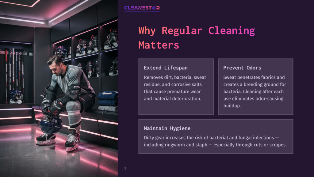 A Hockey Player Sits On A Bench Wearing Gear, Surrounded By Dark Walls And Pink Lights, Emphasizing The Importance Of Cleaning Equipment.