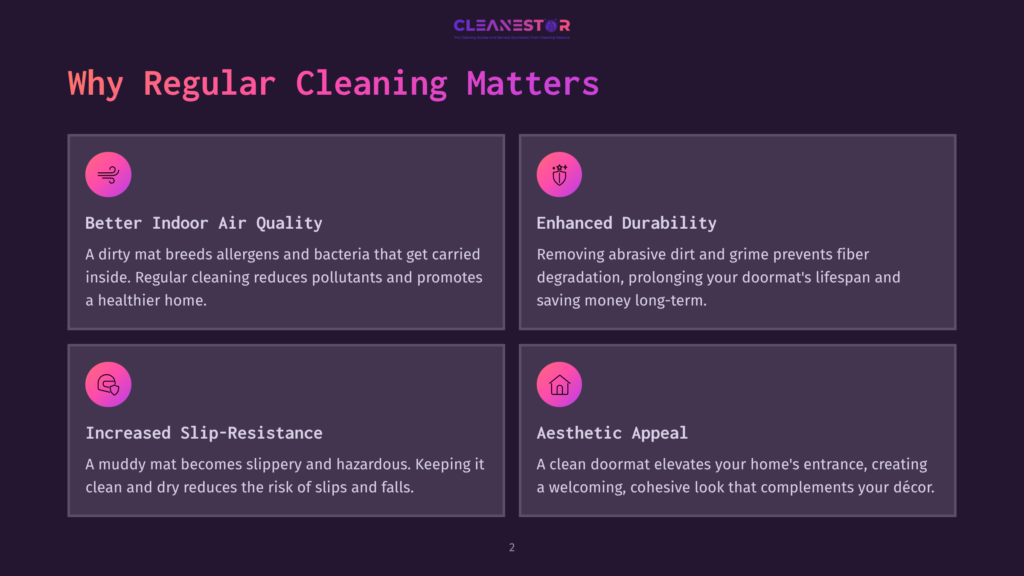 Four Colored Boxes On A Dark Background, Each Highlighting Benefits Of Regular Doormat Cleaning: Air Quality, Durability, Slip-Resistance, And Aesthetic Appeal.