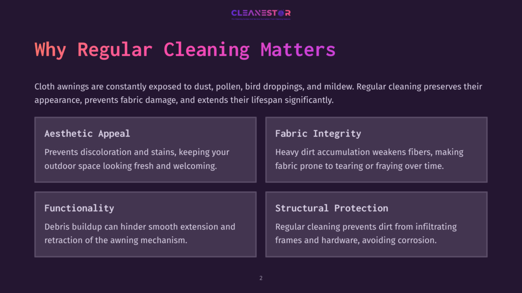 Text Slide With A Dark Purple Background Featuring Bullet Points On The Importance Of Regular Cleaning For Cloth Awnings, Highlighting Aesthetic Appeal, Fabric Integrity, Functionality, And Structural Protection.
