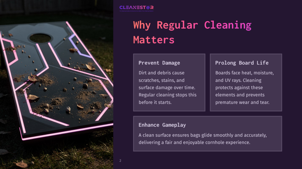 A Cornhole Board With A Sleek Design And Glowing Edges Sits On Grass, Emphasizing Dirt And Debris Accumulation On Its Surface.