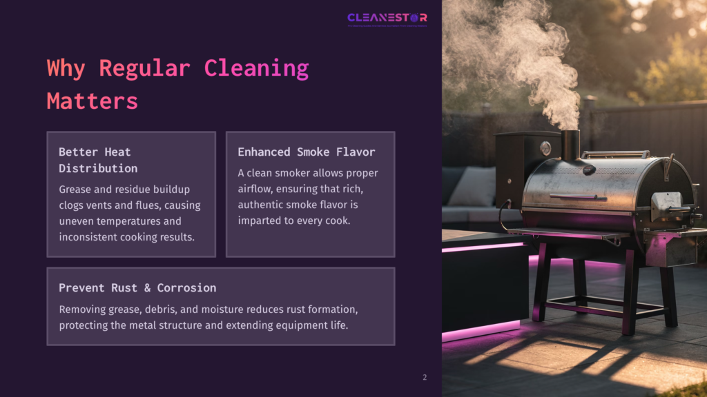 A Well-Maintained Offset Smoker On A Patio, Surrounded By Vibrant Purple Lighting, With Text Highlighting Cleaning Benefits.