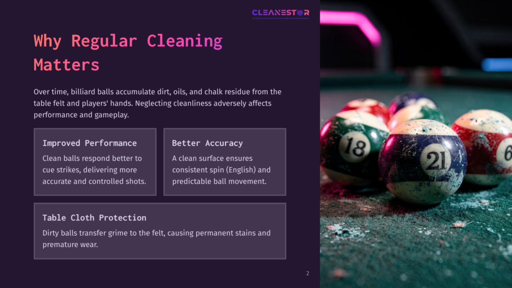 Billiard Balls In A Triangle With Numbers Visible, Alongside Text Boxes Highlighting Cleaning Benefits In A Purple And White Layout.