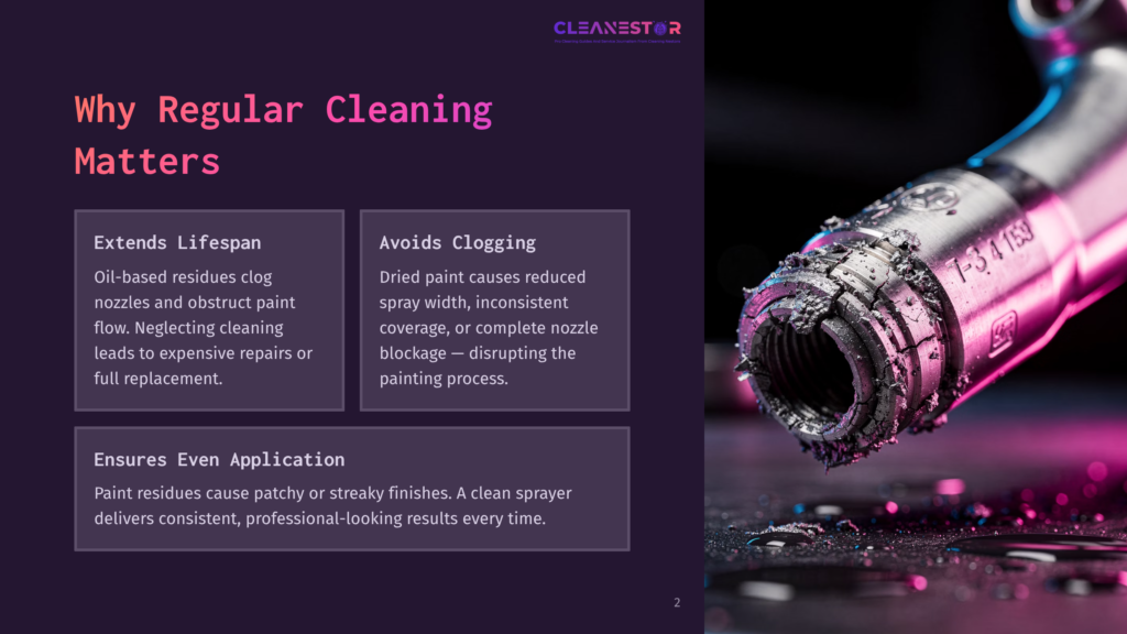 Close-Up Of An Airless Sprayer Nozzle With Paint Residue, Highlighting A Metallic Connection And Vibrant Purple And Pink Background.
