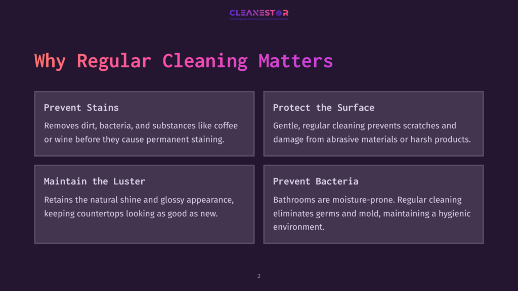 Four Bullet Points On A Dark Background, Featuring White And Purple Text, Outlining The Benefits Of Regular Cleaning For Quartz Countertops.