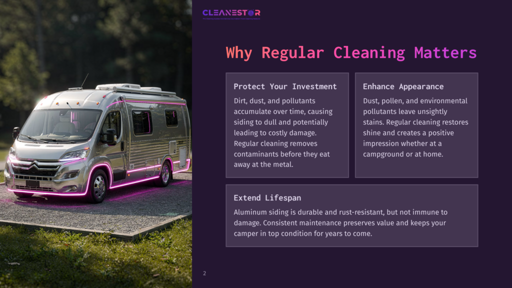 A Shiny Aluminum Camper Van Parked Outdoors, With Pink Neon Lights; Text Boxes Illustrate Cleaning Benefits And Maintenance Tips.