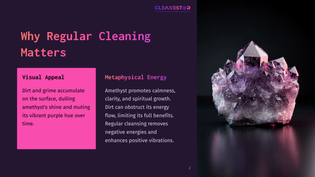 A Close-Up Of A Crystal Amethyst Cluster With Vibrant Purple Hues, Next To Bold Pink And Black Text Explaining Its Cleaning Benefits.