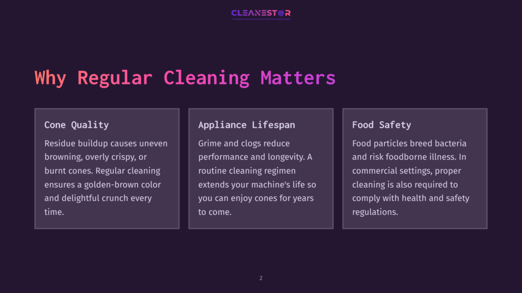 Three Text Boxes On A Dark Purple Background, Discussing Cleaning Benefits For Waffle Cone Makers. Each Box Outlines Different Key Points.