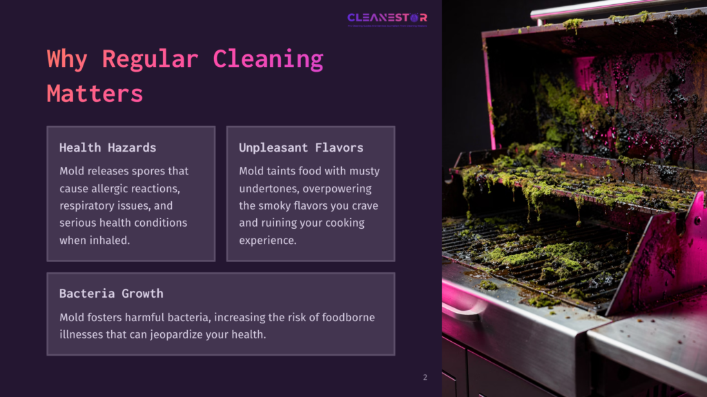 2 Why Regular Cleaning Matters 35 A Heavily Soiled Smoker Covered In Green Mold, With A Dark Background And Vibrant Purple Text Boxes Outlining Health Risks And Flavor Issues.