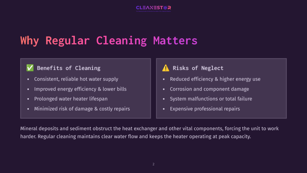 Bullet Points On A Purple Background Highlight Benefits Of Cleaning A Rinnai Tankless Water Heater And Risks Of Neglect, With Warning Icon.