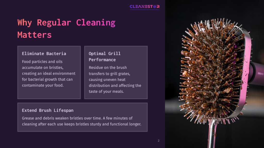 Dirty Grill Brush Next To Text Detailing Benefits Of Regular Cleaning: Eliminates Bacteria, Enhances Performance, Extends Lifespan.